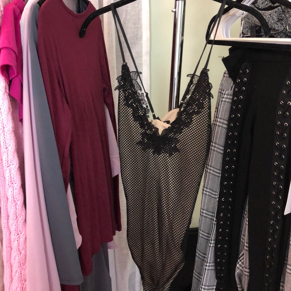 Black patterned mesh body suit